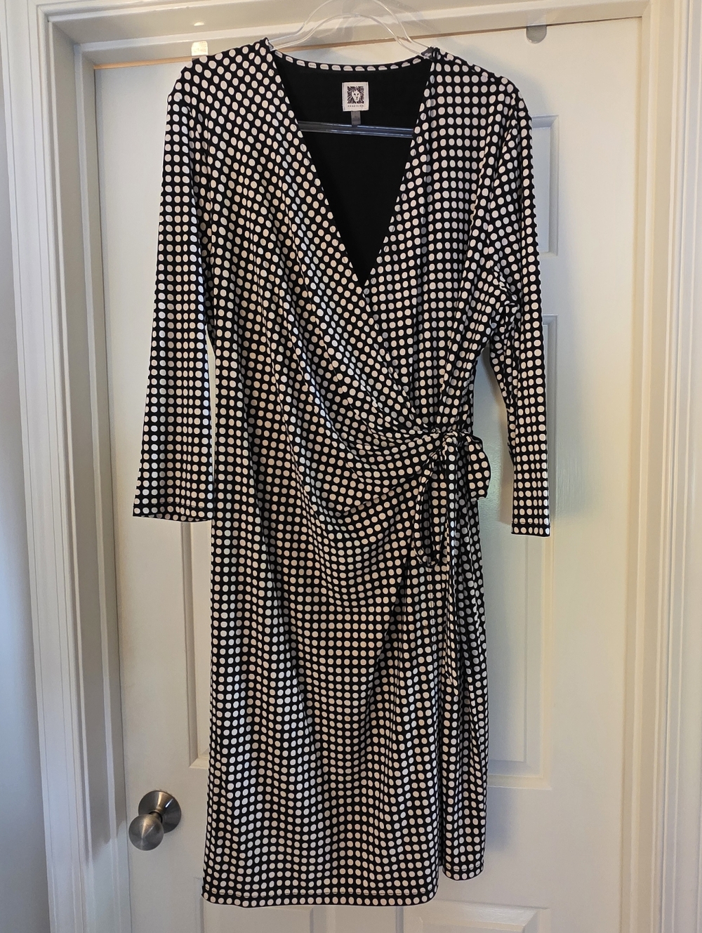 EUC Ann Klein Faux Wrap Dress - Black and Off-White Polka Dot Pattern - Size 16